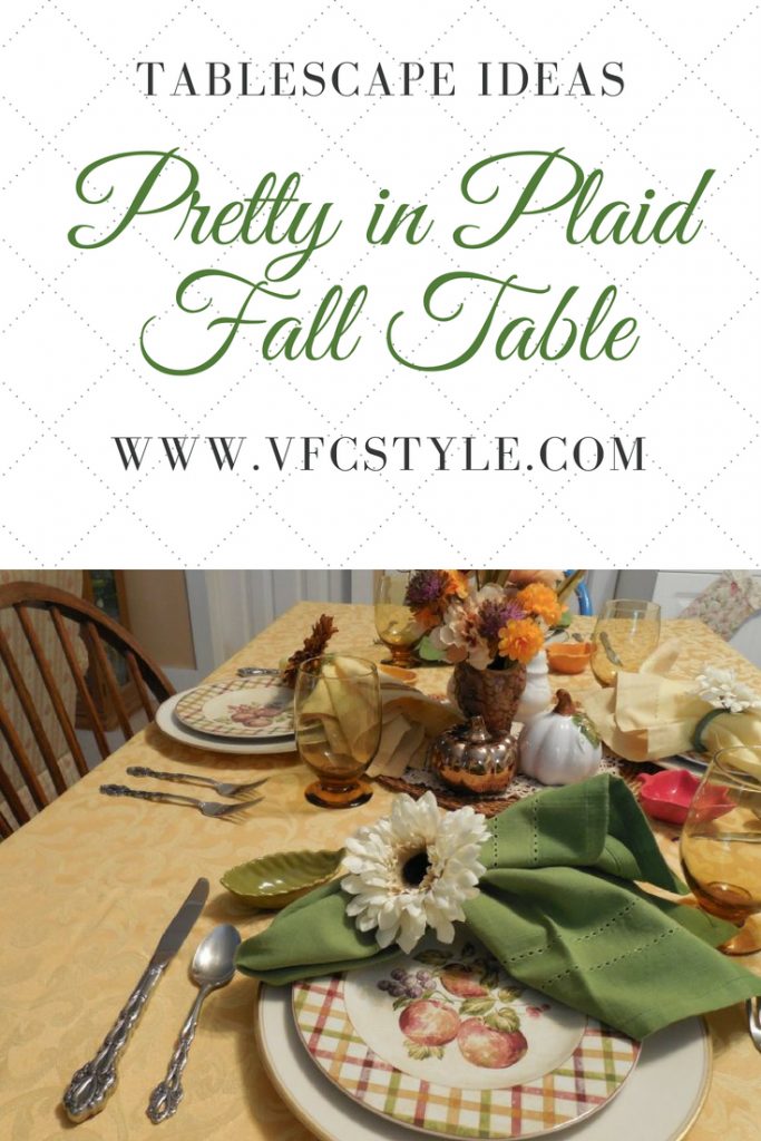 Plaid plates and amber glassware make a "Pretty in Plaid" tablescape for Fall at Vintage Floral Cottage! #thanksgivingtablesetting #thanksgivingtable #thanksgivingtablescape #tablescapeideas #tablescaping #tablescape #falltablescape #easyfallcenterpiece #fallcolorstablesetting #falltable #autumntable