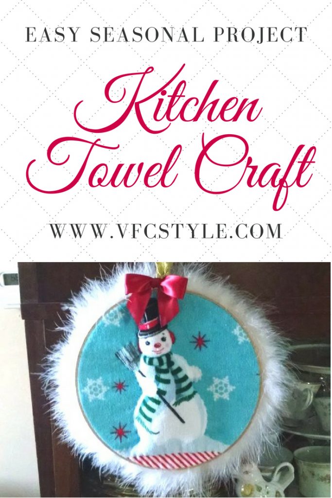 Cute quilted kitchen towel makes an easy seasonal wall hanging project at Vintage Floral Cottage! #kitchentowel #quiltedtowel #easycraftproject #kitchentowelcraft #snowmancraft #quiltedsnowman #snowmanwallhanging #quiltedwallhanging #wallhangingcraft #nosewcraft