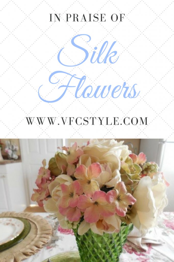 Is it okay to use silk flowers in decorating? Of course! I love to decorate with silk flowers. Learn why in this blog post from Vintage Floral Cottage. #silkflowers #silkflowerdecor #silkvsfresh #freshflowers #realflowers #decoratewithsilkflowers