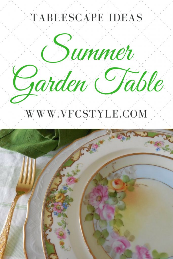 Vintage Edwin Knowles, Baum Brothers, and hand-painted Bavarian china combine to make this lovely garden-themed tablescape! Blog post by Vintage Floral Cottage. #tablescapeideas #prettytableideas #gardenthemetable #vintagechina #baumbrothers #edwinknowles #bavariachina #goldflatware #dollartree