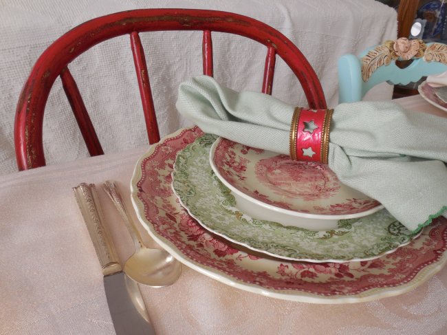 Red and green transferware Christmas luncheon table | Vintage Floral Cottage