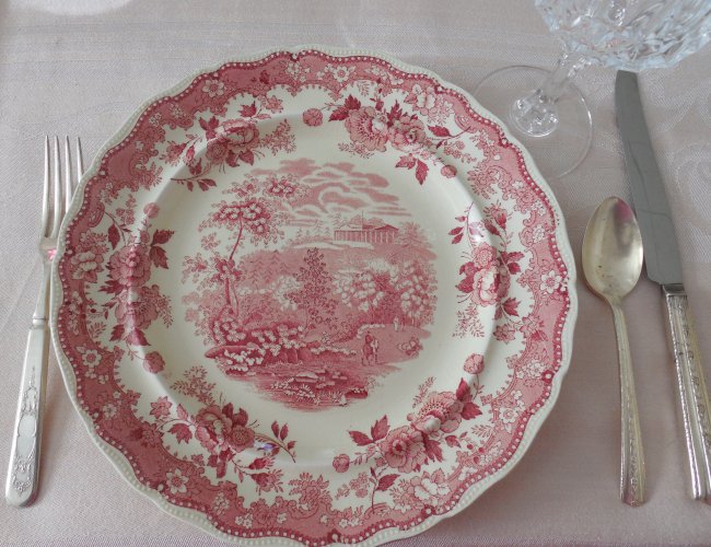 Red and green transferware Christmas luncheon table | Vintage Floral Cottage