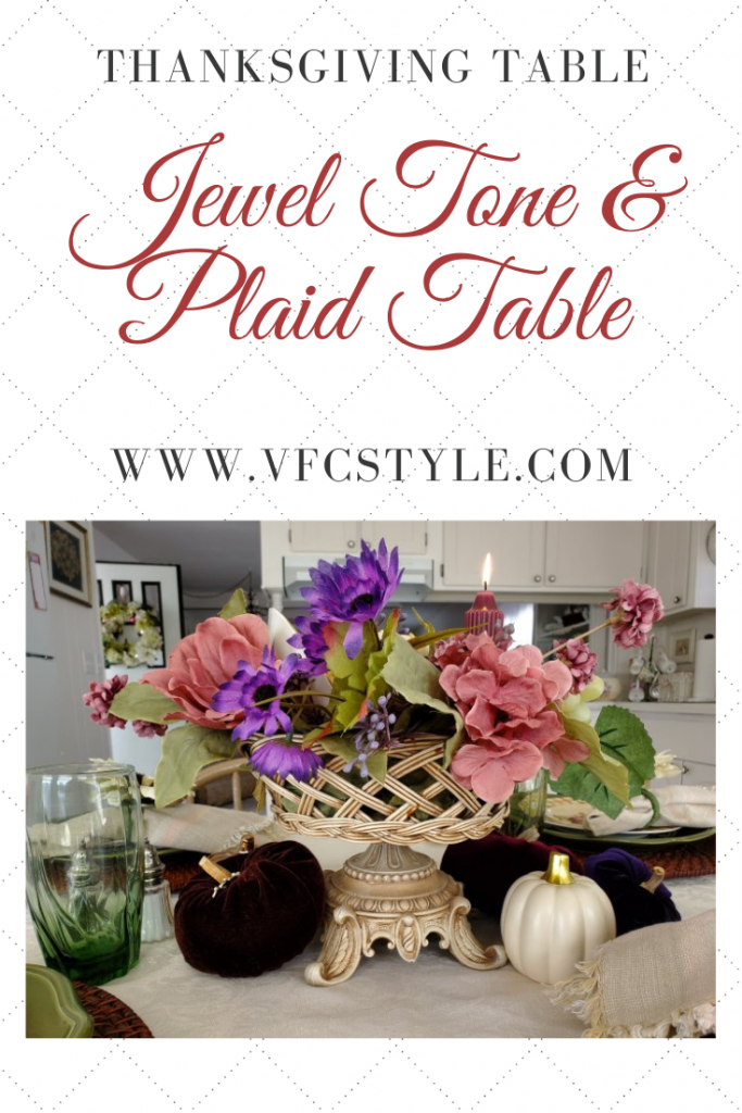 A Fall Thanksgiving tablescape in jewel tones and plaids at VFCstyle.com