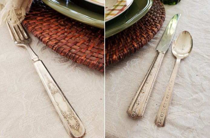 Mismatched vintage silverware in a Fall Thanksgiving tablescape by VFCstyle.com