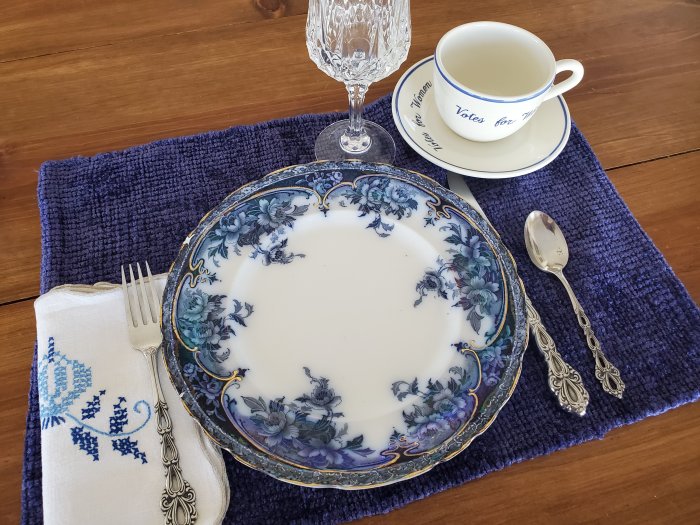 Wedgwood Flow Blue with Votes for Women replica coffee cup and saucer | Vintage Floral Cottage