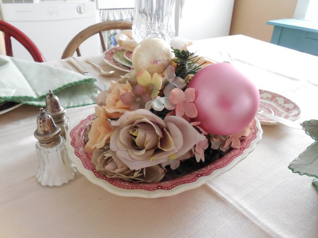 Transferware bowl with silk flowers and Christmas ornaments