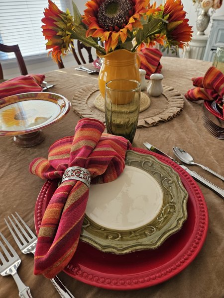 Sunflower themed tablescape in bold Fall colors