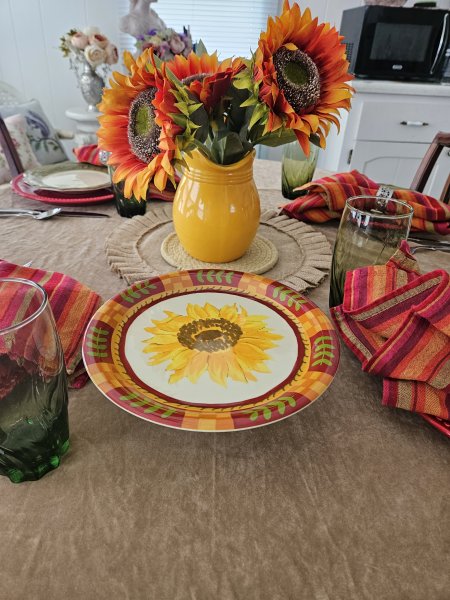 Sunflower themed tablescape in bold Fall colors