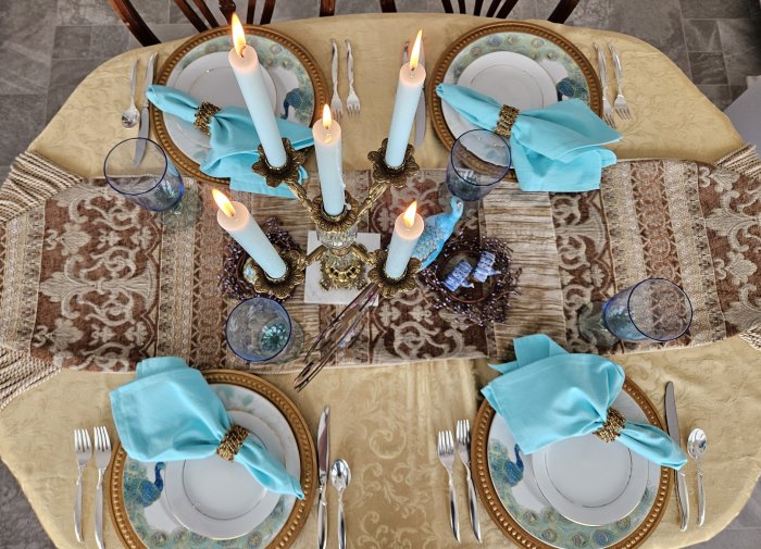 Peacock tablescape with 222 Fifth