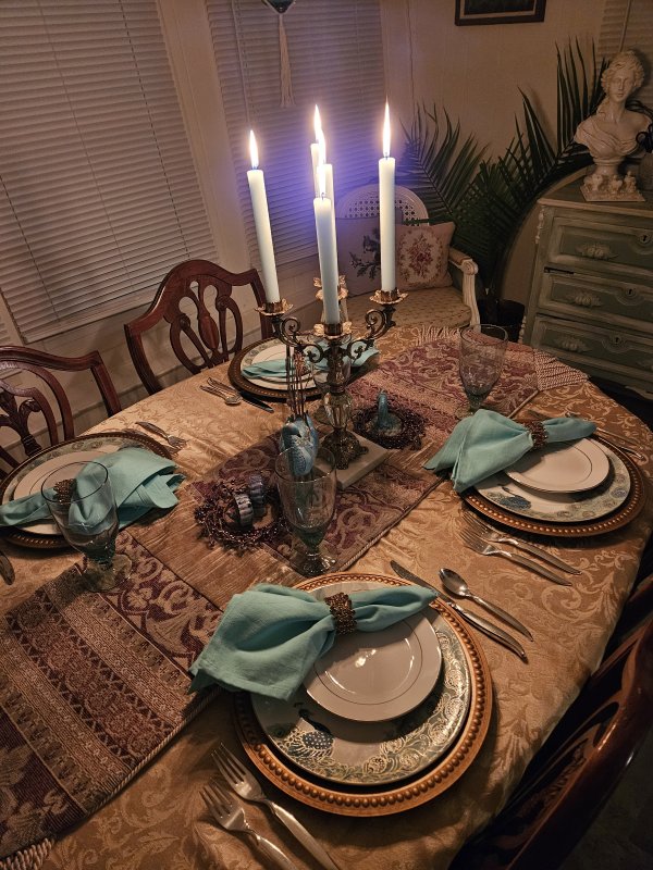 Peacock tablescape with 222 Fifth