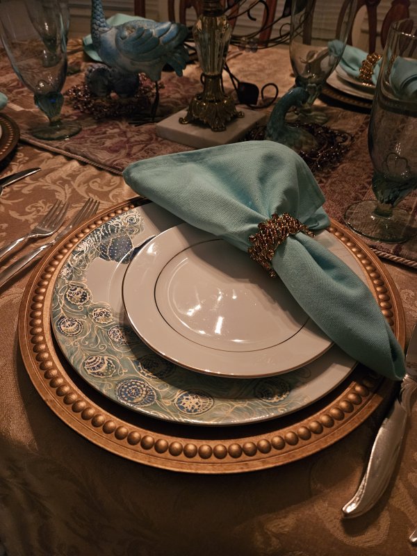 Peacock tablescape with 222 Fifth