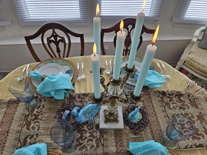 Peacock tablescape with 222 Fifth