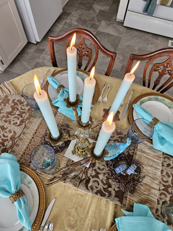 Peacock tablescape with 222 Fifth