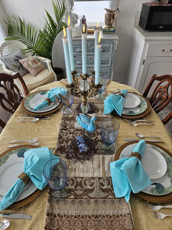 Peacock tablescape with 222 Fifth