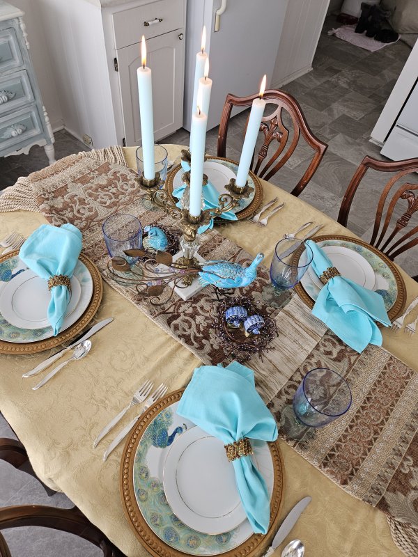 Peacock tablescape with 222 Fifth