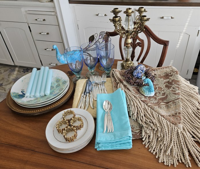 Peacock tablescape with 222 Fifth