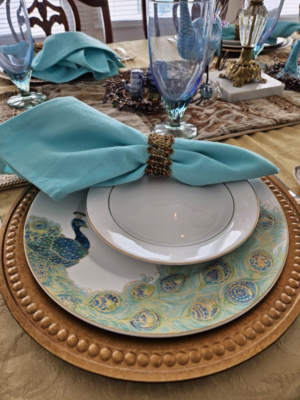 Peacock tablescape with 222 Fifth