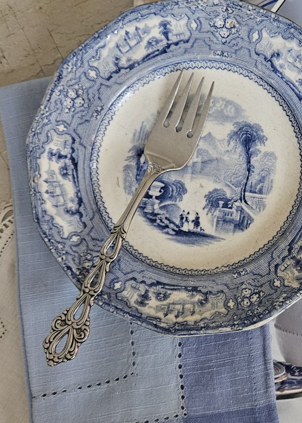 Blue and white plate with napkin