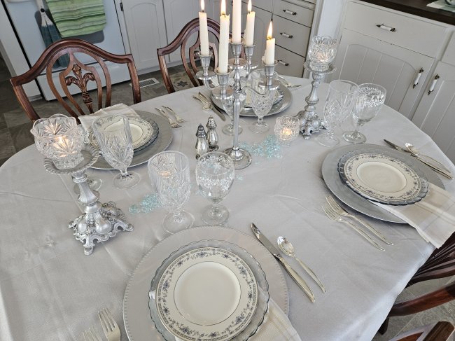 Silvery winter chill tablescape