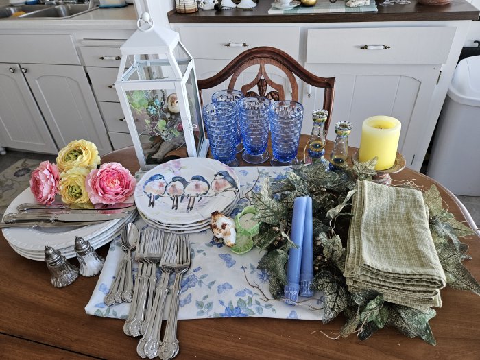 Spring bird-themed tablescape