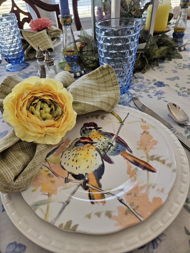 Spring bird-themed tablescape