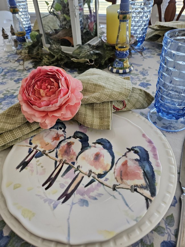 Spring bird-themed tablescape