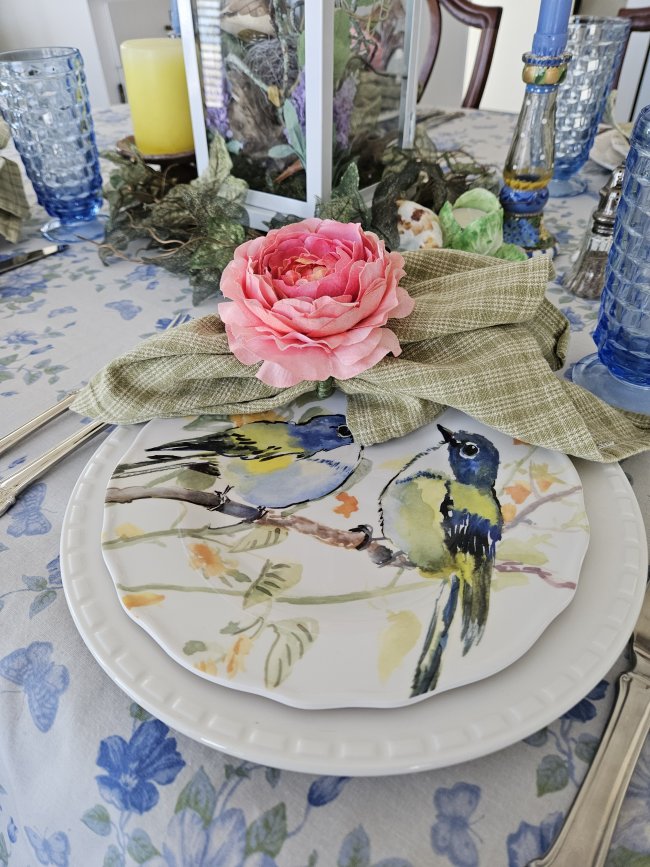 Spring bird-themed tablescape