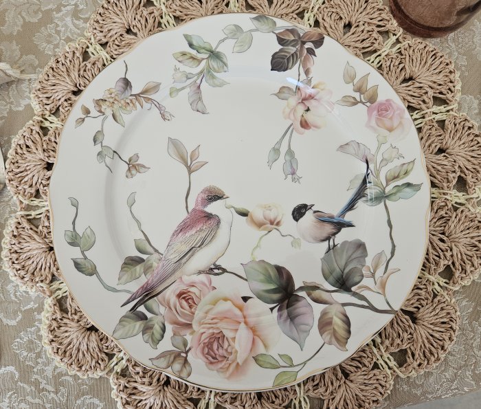 French country tablescape with Home Goods bird plates